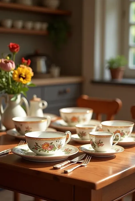 A set of beautiful dishes ,  on a beautiful dining table , In the cozy kitchen.  Tableware in a classic painted style with patterns