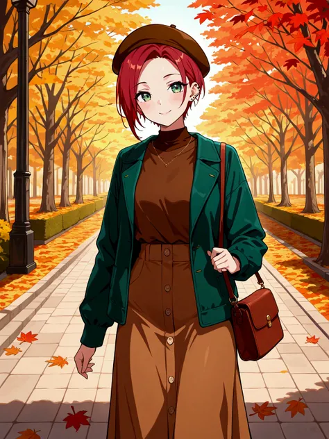 1girl, general, solo, red hair, very short hair, green eyes, green jacket, brown shirt, long sleeves, layered clothes, long skirt, ear piercing, stud pierce, beret, brown beret, bag, shoulder bag, smile, outdoors, autumn, autumn leaves, masterpiece, best q...