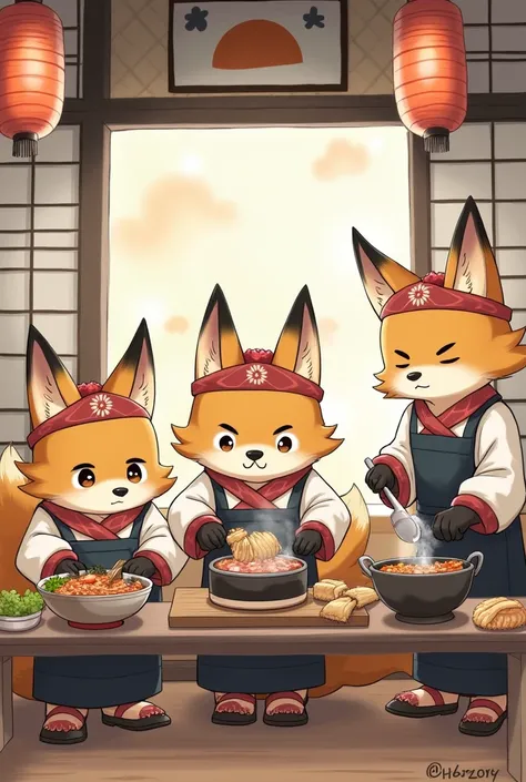 Plusieurs renards japonais en dessin qui font la cuisine en habit de cuisinier traditionnel japonais 