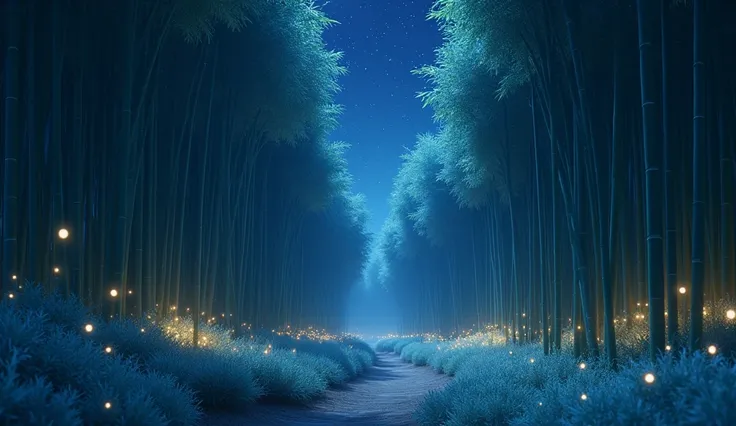 Under a star-filled sky, a bamboo grove with narrow pathways. Fireflies emerge from among the bamboos, and a soft breeze shakes the bamboos and makes a sound. The ground is covered with a bluish-white moss that seems otherworldly.”