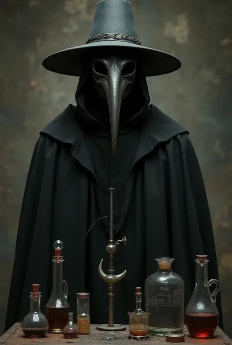  A doctor in black clothes and a mask of the Black Death, and a hat,  with vials in front of him  