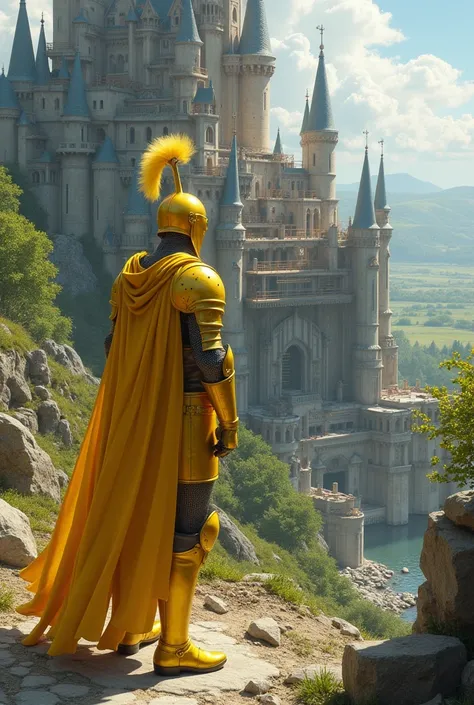 A knight in yellow suit is building a castle.