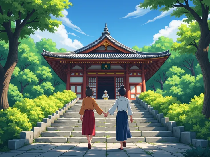 Akira and Mei walk up the stone steps of the monastery, holding hands and smiling. Dogen stands at the entrance, welcoming them with a warm smile. The lush greenery around the monastery is vibrant, and the sky is clear. Akira and Meis body language shows g...