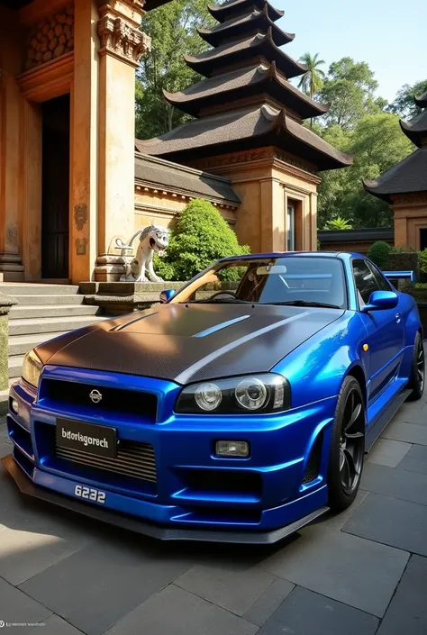 blue r32 skyline with carbon hood parking at temple in bali