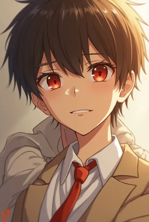  A boy with red eyes brown hair  ( a little effeminate ) with a neutral face ,  wears a white shirt .  with a boy behind his brown hair and almond red eyes holding him by the shoulders with a sadistic smile,  wears a beige jacket white shirt and red tie (m...