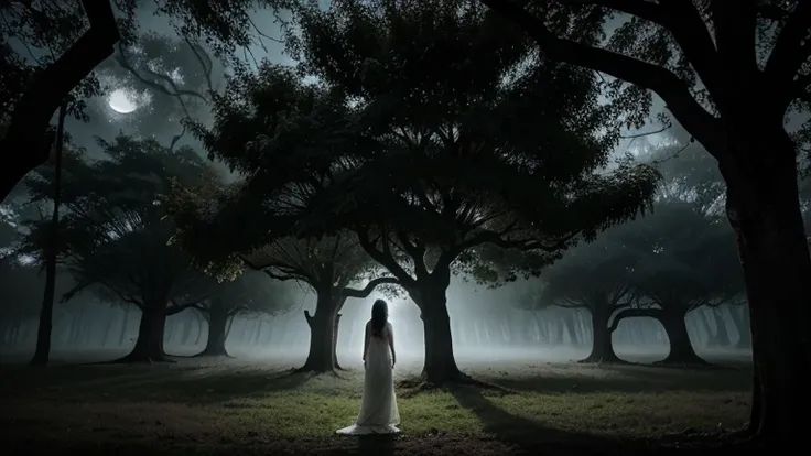 "Create a haunting and mysterious thumbnail image for a Bengali ghost story. The scene features a large, ancient banyan tree with sprawling roots and a ghostly white mist surrounding it. The tree is located in a desolate village setting under a moonlit sky...