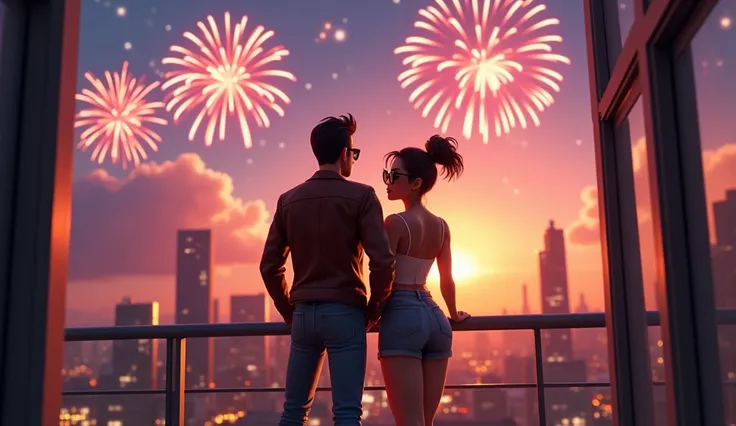 cool man and girl watching firework from a bacony. cityscape. 3D Pixar style