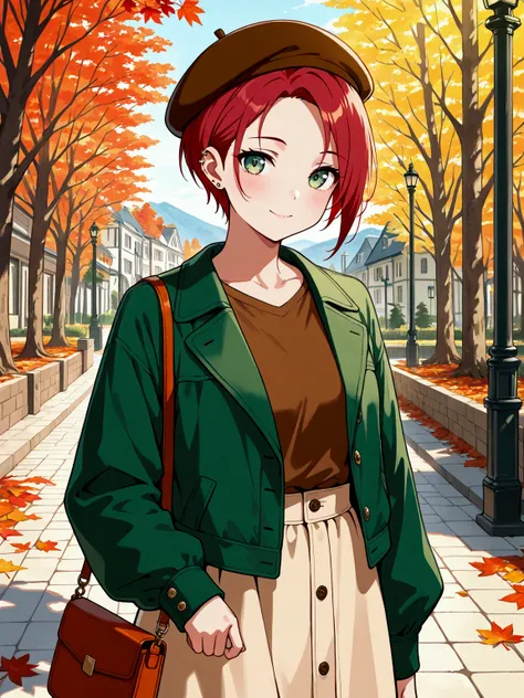 1girl, general, solo, upper body, red hair, very short hair, green eyes, green jacket, brown shirt, long sleeves, layered clothes, long skirt, ear piercing, stud pierce, beret, brown beret, bag, shoulder bag, smile, outdoors, autumn, autumn leaves, masterp...