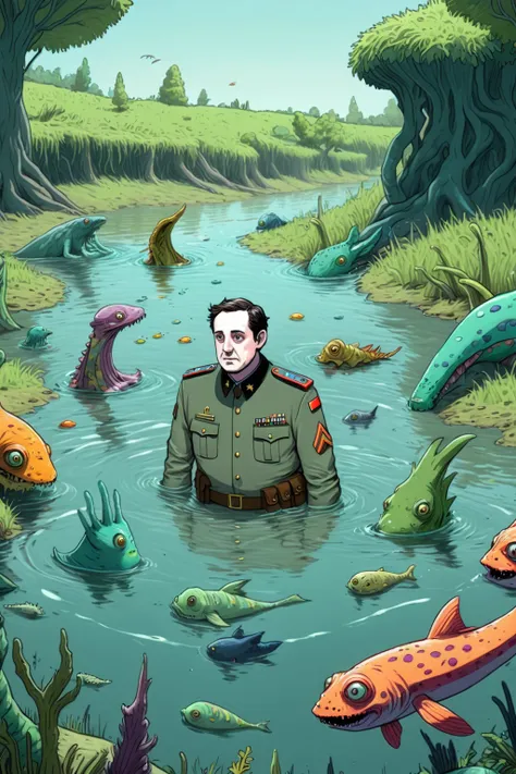 major grubert in deep mediation next to a river, many different and weird creatures are swimming in the water