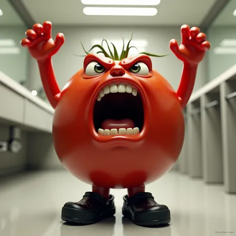 A highly realistic close-up image of a vibrant red tomato standing upright in a clean, modern washroom. The tomatos surface gleams with natural, glossy texture, reflecting its fresh appearance. It wears black Crocs shoes, their realistic details carefully ...