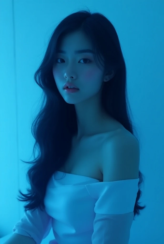 Beautiful girl with long, straight hair that looks minimalist in blue tones 