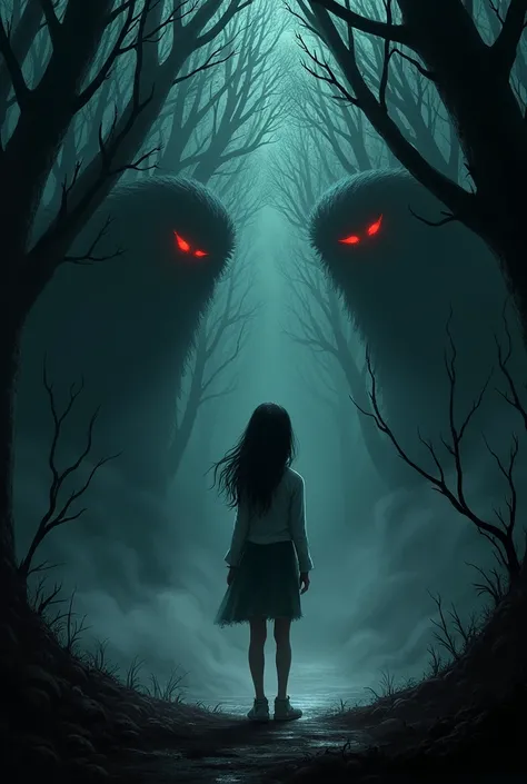 A dark forest with red-eyed monsters and a girl in the center