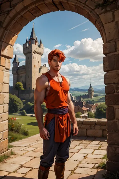 Photo-realistic. A pleased, tall, handsome, fit, 24-year-old Caucasian medieval prince, with short, fade-cut, burnt orange hair, and blue eyes, wearing a red and tan sleeveless tunic, with gray trousers, standing on a castle wall, looking out to the distan...