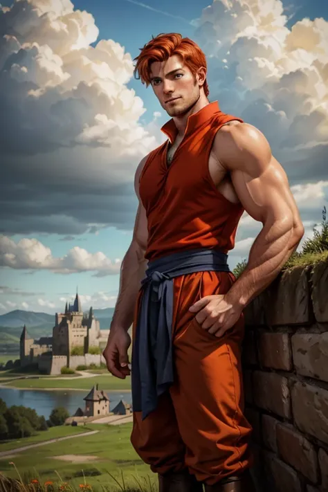 Photo-realistic. A pleased, tall, handsome, fit, 24-year-old Caucasian medieval prince, with short, fade-cut, burnt orange hair, and blue eyes, wearing a red and tan sleeveless tunic, with gray trousers, standing on a castle wall, looking out to the distan...