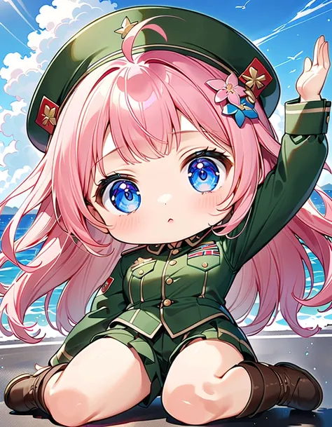 (( stand straight with your legs closed and salute:1.5))、(( one girl :1.5)、((Chibi Girl:1.5)))、 Kindergarten Mother:1.5、 best quality、 Hi-Res、 detailed background 、 beautiful face down to the smallest detail 、 anatomically correct、detailed expression、fine ...