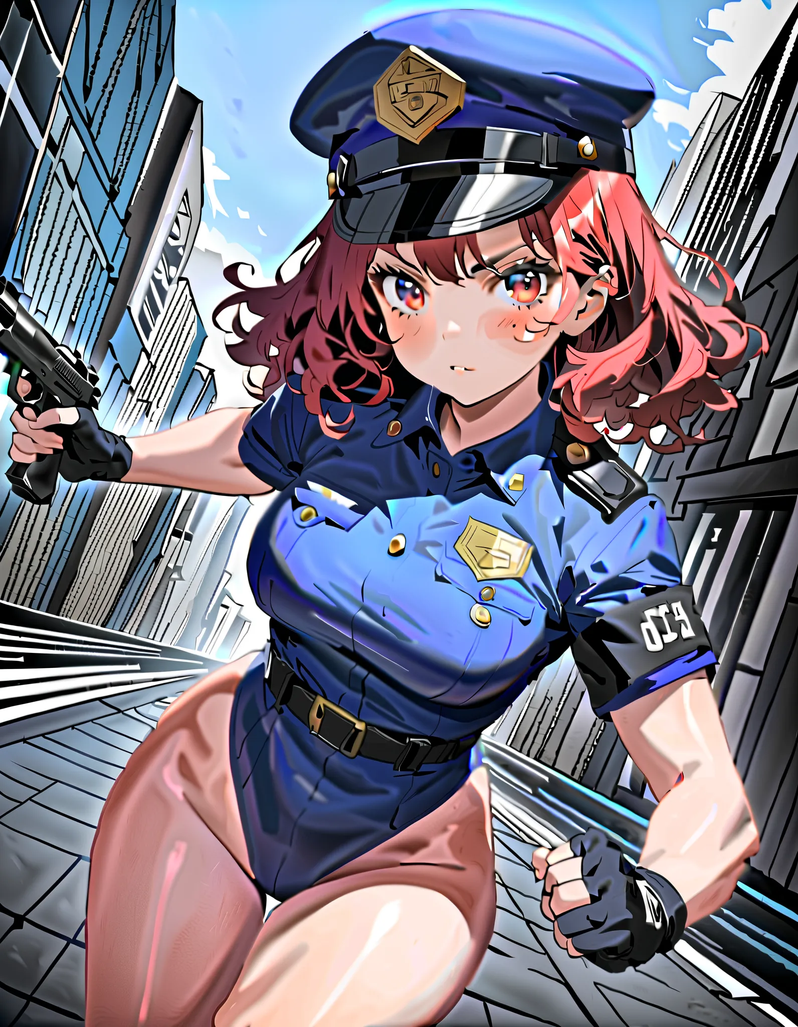 (masterpiece), (best quality), (high res),1girl, tall body, red hair, short hair, wavy hair, amber eyes, beautiful detailed eyes, beautiful detailed face, cute face, perfect hands, complete fingers, perfect anatomy, perfect proportions, ((hat, dark blue po...