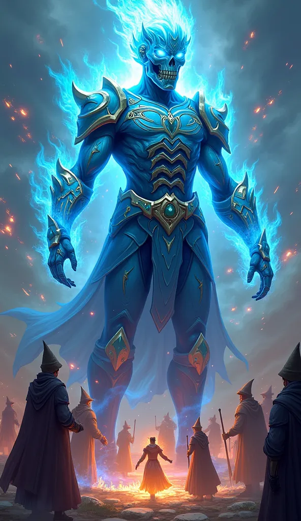 (orthofacial),blue, armor,skeletons, wizards,the whole body,flame, burning,sparks,light particles,yinghuo,colorful flames