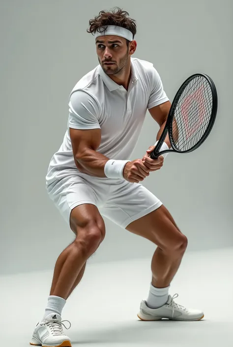 a male tennis player, athletic man playing tennis, tennis court, holding racket with both hands, tennis ball, dynamic motion, action pose, ready to beat off the ball, sports white uniform, sweat, determination, competitive, grey background