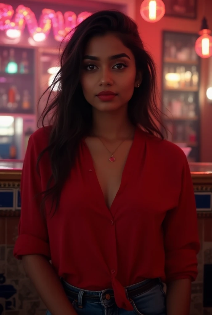 best quality, expressive eyes, perfect face,29 Year Indian cute Girl In Pretty Look,Wearing a Red Shirt & Jeans,Body Hot Slim.background Bar Stand Disco Theme,skin tone white indian,action dacne mood