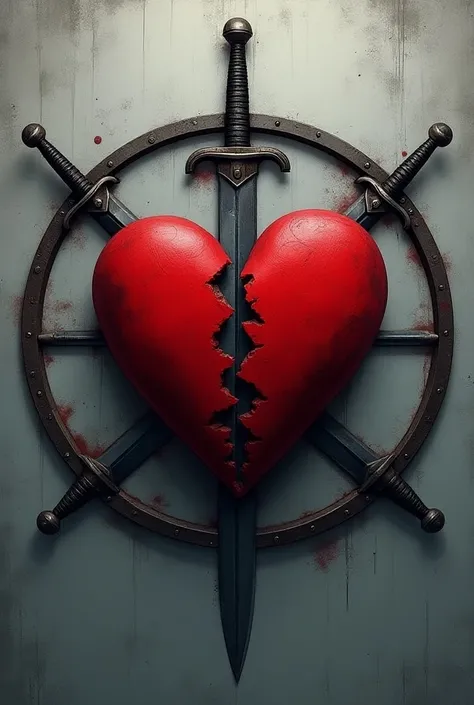 Create a circular logo with a gray background of a split red heart with swords around it 