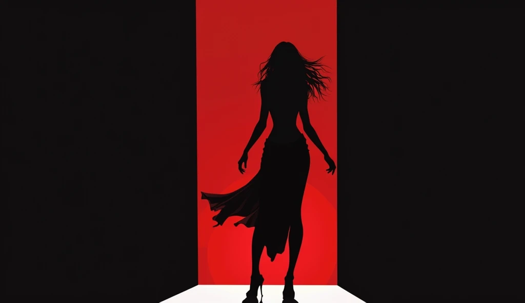  sexy woman with long hair who is dancing with good style　art　Reggaeton　Latin style 　backgroundは全て赤　 and the silhouette is black 　 swing her hips and dance 　background１６all red 　