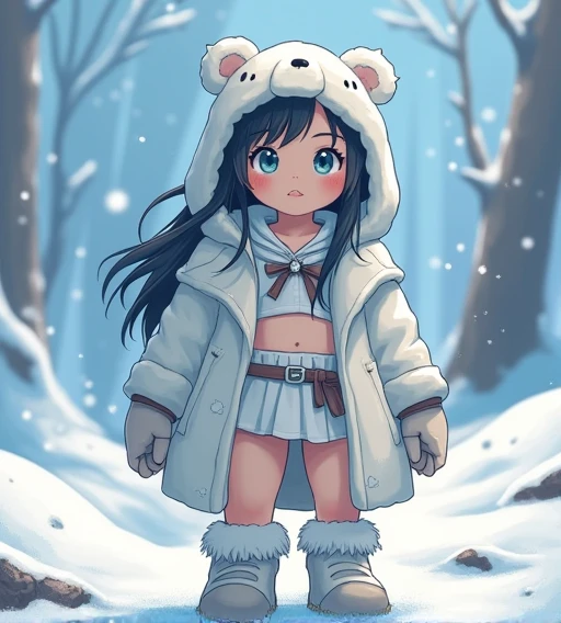   The character has to be sexy .

 Characters height : It will be between 2 ,2 meters.

skin color:  will be white as snow .

Hair Color:  will be dark black .

eye color: light blue.

lip color: half pink .

clothes:

1.  a short cropped made of bear skin...