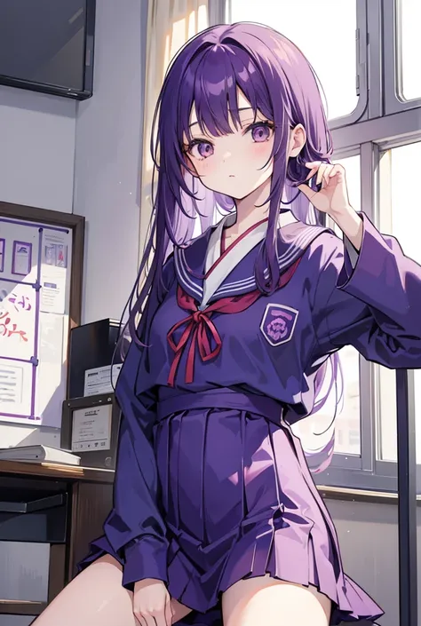 *MADE TO PERECTION* purple haired girl with brown eyes also wearing a japanese school uniform while sleeping in class.