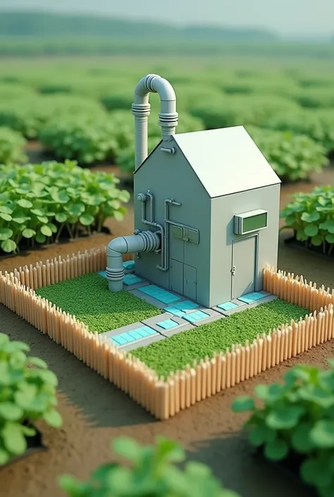 create a science model image which contains a small room in an agriculture field with a pipe coming out of that room which is further passing through a tray containing fake plants  and the complete things are surrounded by fencing made of icecream sticks 