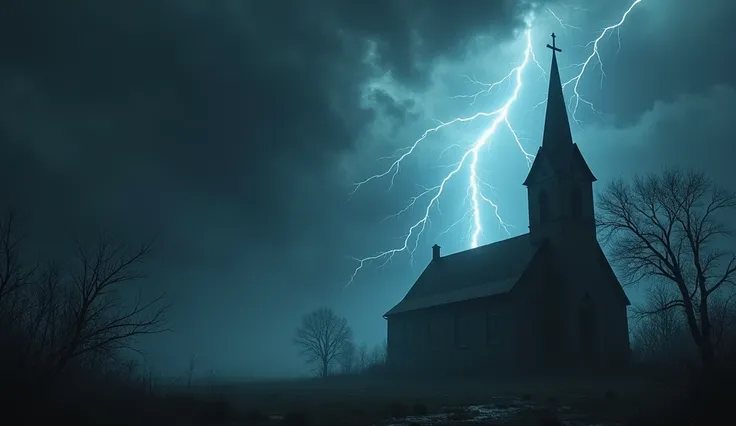 A dark church not the right corner of the screen, lightning falling from the sky 