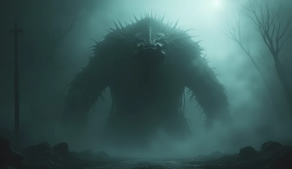 heavy fog , dark environment, Big bizarre creature
