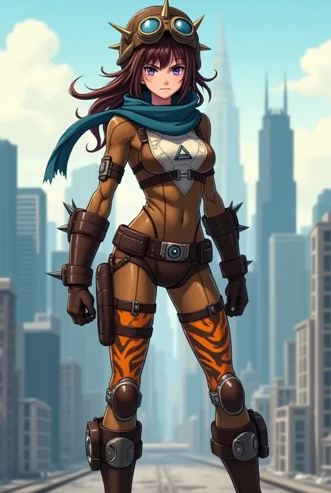 ((best quality)), ((masterpiece)), (detailed), 1 girl, full body, 20s, young adult, purple eyes, brown vintage aviator helmet, spiked helmet, big glasses, angry face, long blue scarf, brown hair, long hair, somewhat wavy hair, bangs, brown collar, somewhat...