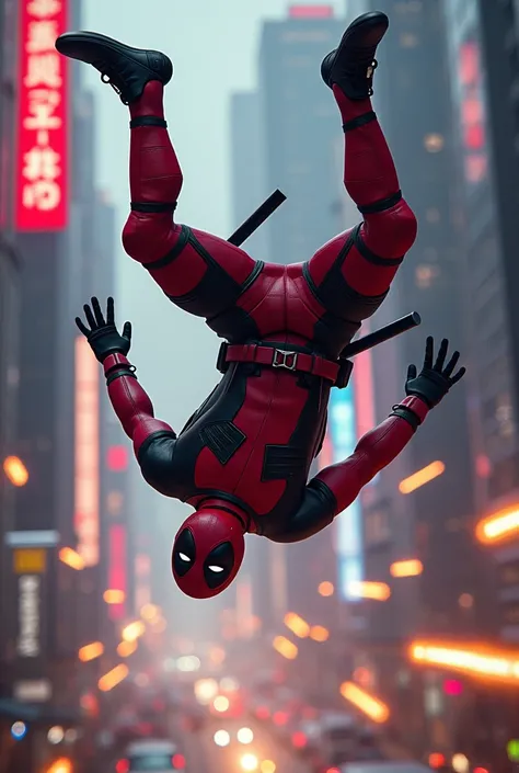 

4. "An agile and mischievous hero in a red tactical outfit with black accents, performing a mid-air flip while dodging bullets. The background is a futuristic cityscape with neon lights and glowing skyscrapers.the charater is Deadpool"

