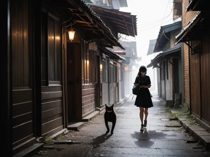 A Thai woman with long black hair walks through winding alleys under a dim full moon. Surrounded by crumbling wooden houses, she wears a white dress and carries a bag. Mist covers the ground, twisted branches cast eerie shadows, and glowing red eyes lurk i...