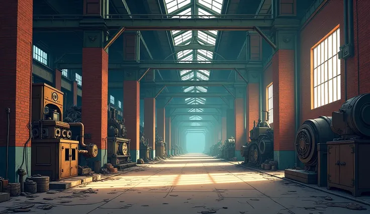 Inside an empty factory, 19th century, Stylized, undersaturated colors, cartoon style, cartoonized, strong contour