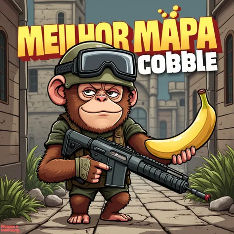 A meme-style cartoon illustration featuring a humorous APE character in a military-themed, FPS (CSGO-style) setting. The APE wears tactical gear, including a helmet with goggles, a tactical vest, and fingerless gloves, holding a banana-shaped weapon like a...