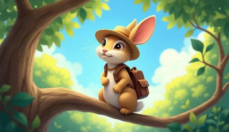  rabbit
- Hair color : Light brown
- Eyes :  Bright brown
- Round and friendly face : 
- Accessories : A straw hat and a small backpack
Sitting on a tree in the forest looking up at the sky 
Disney style 