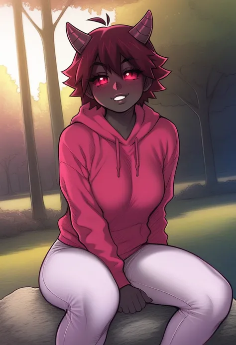 score_9, score_8_up, score_7_up, Source_Cartoon, Source_Melkor_mancin, 1girl, solo, yunger, black skin, red sclera, no pupils, small horns, massive body, long pants, sweatshirt, looking at viewer, blushing face, smug, sitting on rock, on park, on night.
