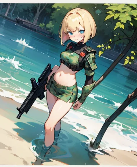  1 girl,  shortcut , Blonde,  blue eyes, Bob Hair,  Blushing ,  frowns, Awkward,  metallic dark green camouflage military uniform, miniskirt that snaps around the knee, Very Small Breasts ,background tree sea , wide angle shot , wearing body armor, assault...