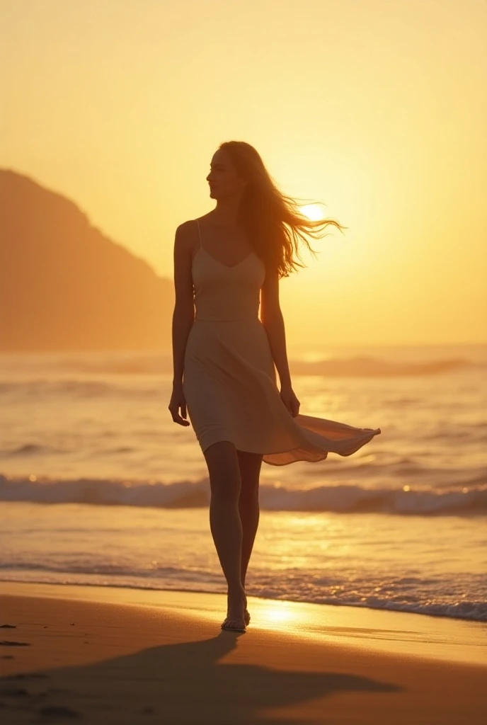  A wavy light brown haired woman walking along a beach . We only saw her silhouette 