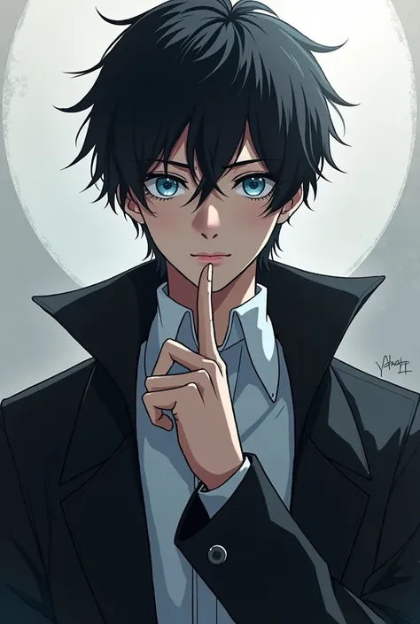 anime boy in a black jacket and white shirt with a black hair, an anime drawing inspired by Okumura Togyu, trending on pixiv, shin hanga, kaneki ken, tall anime guy with blue eyes, as an anime character, ken kaneki, with index finger, young anime man, mob ...