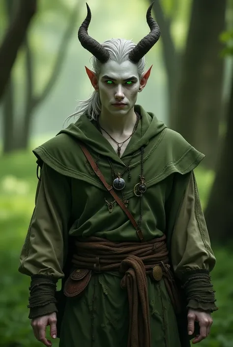 create a Male tiefling in druid clothes, green eyes, white human skin but little devil horns. 