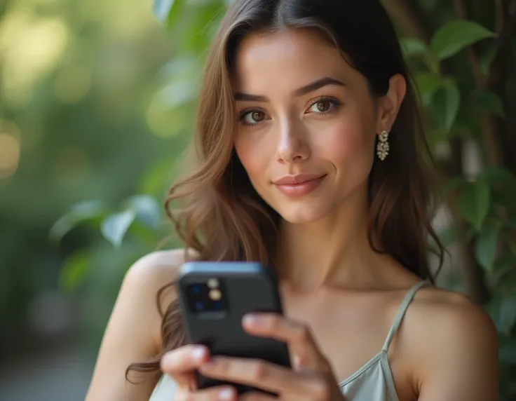 a smartphone taking a photo of a beautiful woman 30 years old