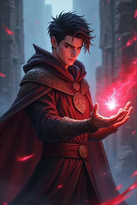 a person with a red light on their hand, handsome guy in demon slayer , the style fantasy, from critical role, storm blessed, mage,  from , young shadow mage male,  wizard casting a spell,  زي خيالي محارب جلدي من العصور الوسطى، واقعي