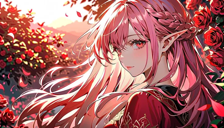 (masterpiece:1.2),(1 girl),elf,red cute dress,beautiful detailed red eyes,In the fantastic beauty of the pink sunset, Countless vibrant red roses bloom, pink blonde hair, A gentle light spreads over the tranquil surroundings, Delicate petals blend into int...