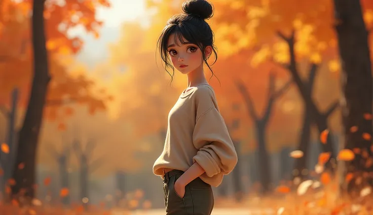 A girl with her hair in a high bun, wearing pants and a fall shirt