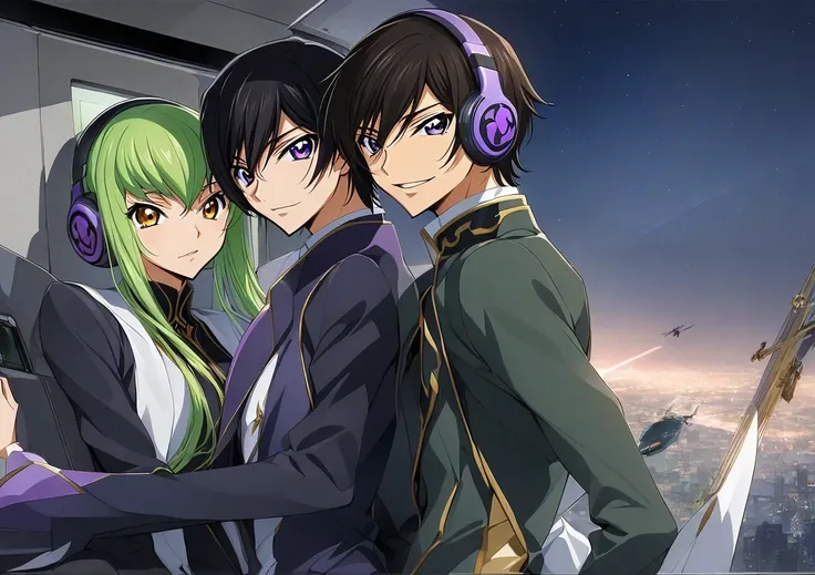 Anime couple ,Anime man ,lelouch lampeourge  ,short black hair,pruple eyes   with anime woman, CC, Code Geass, long green hair, yellow eyes،headphones, Helicopter,stand side open door , in the air, ,at night ,star دقة عالية،دقيق أفضل جودة، from away