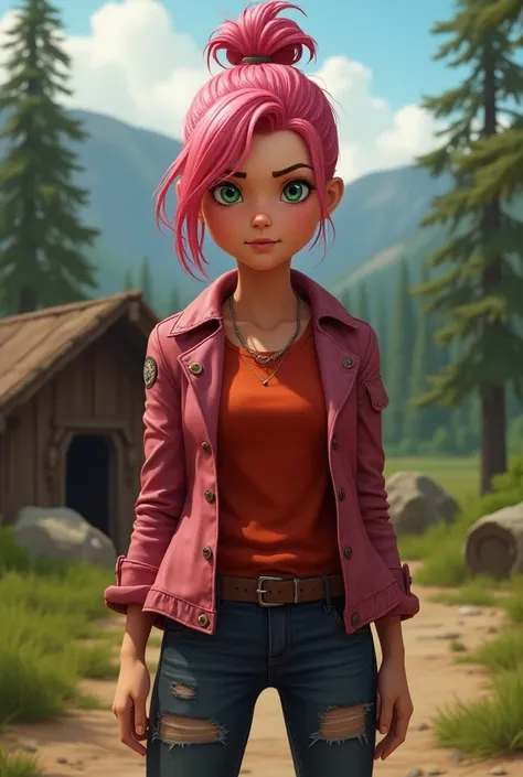 Criar Brooklynn de camp cretaceous cretaceous,  ,  pink hair tied in a bun,  red shirt and pink jacket , ripped jeans, green eyes ,  in front of a camp  