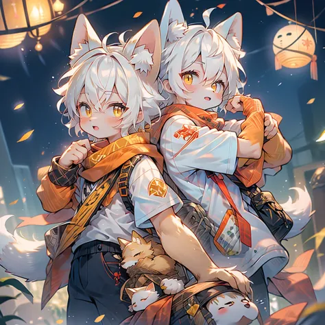 Fox Boy，furry boy， toddlers， white hair ，Yellow skin，White Arm，Short sleeve，Masked，Fox Mask