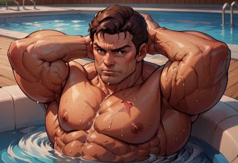 score_9, score_8up, score_7up, score_6up, score_5up, score_4up, source_cartoon, rating_explicit, BREAK, aof_takuma, brown hair, black eyes, mature, 50 years old, smooth wrinkles, big x shape chest red scar, muscular, muscle man, muscle daddy, big penis, BR...