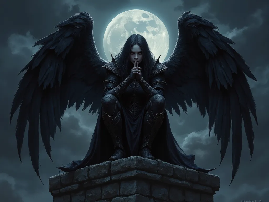 "create a dark fantasy illustration of a fierce, gothic angel crouched on the edge of a stone structure under a full moon. she h...